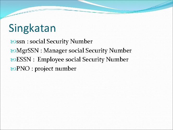 Singkatan ssn : social Security Number Mgr. SSN : Manager social Security Number ESSN