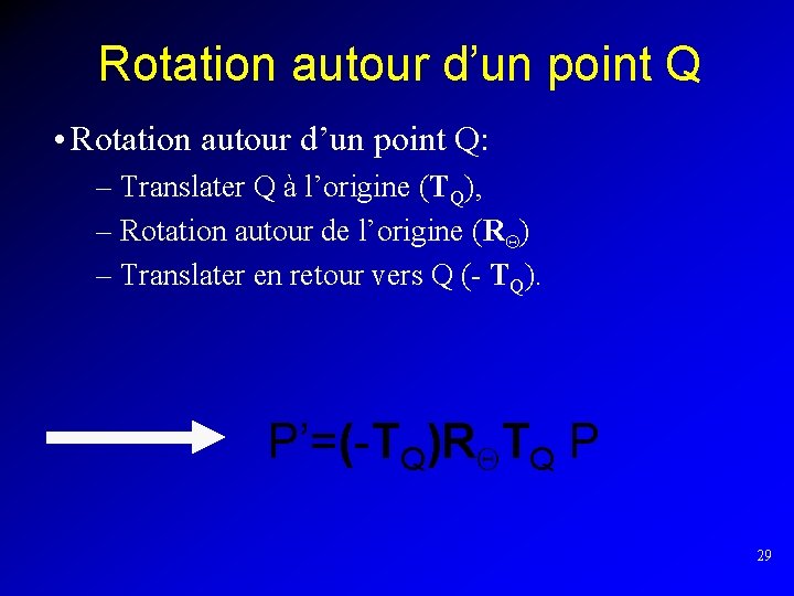 Rotation autour d’un point Q • Rotation autour d’un point Q: – Translater Q