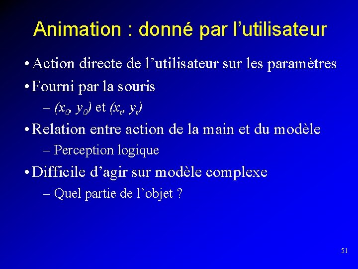 Animation : donné par l’utilisateur • Action directe de l’utilisateur sur les paramètres •