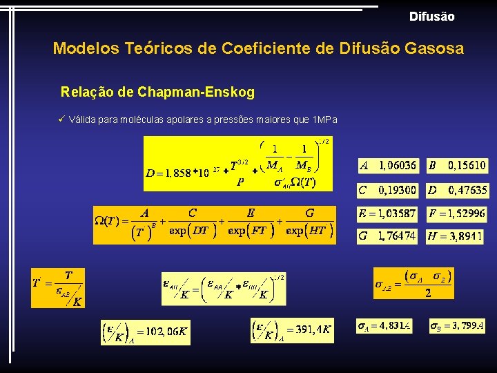 Difusão Modelos Teóricos de Coeficiente de Difusão Gasosa Relação de Chapman-Enskog ü Válida para