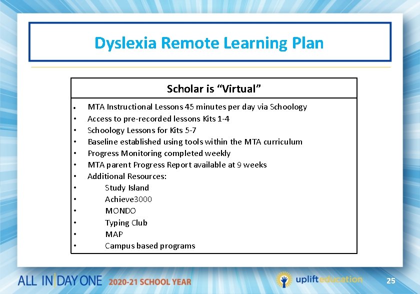 Dyslexia Remote Learning Plan Scholar is “Virtual” · • • • MTA Instructional Lessons