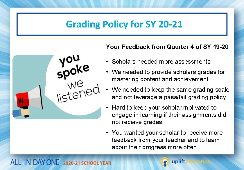 Grading Policy for SY 20 -21 Your Feedback from Quarter 4 of SY 19