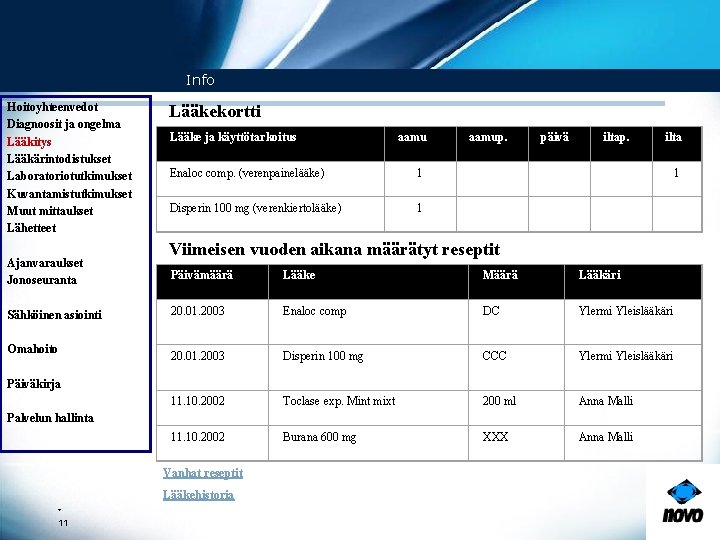  Info Hoitoyhteenvedot Diagnoosit ja ongelma Lääkitys Lääkärintodistukset Laboratoriotutkimukset Kuvantamistutkimukset Muut mittaukset Lähetteet Ajanvaraukset
