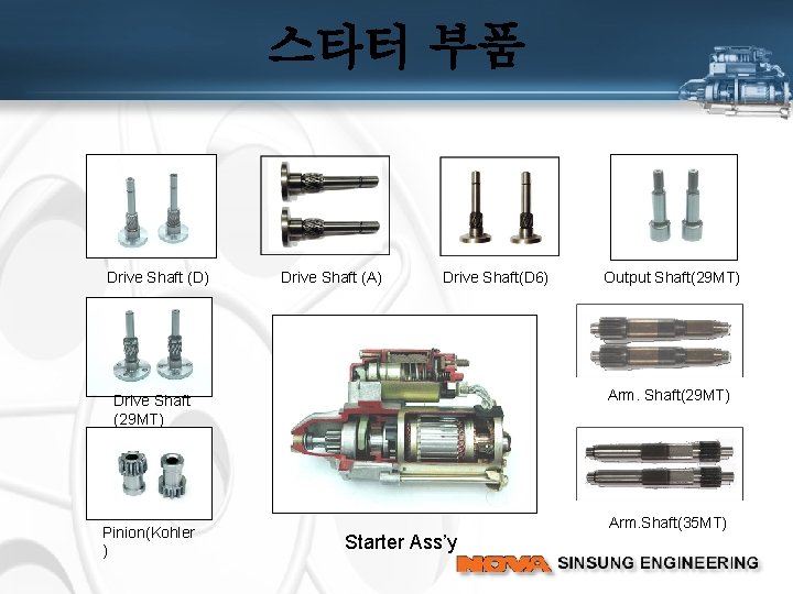 스타터 부품 Drive Shaft (D) Drive Shaft (A) Drive Shaft(D 6) Arm. Shaft(29 MT)