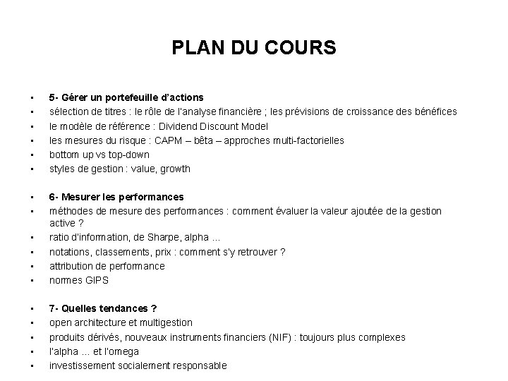 PLAN DU COURS • • • 5 - Gérer un portefeuille d’actions sélection de