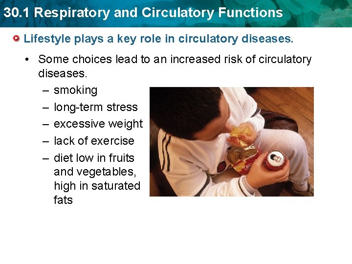 30. 1 Respiratory and Circulatory Functions Lifestyle plays a key role in circulatory diseases. 30. 1 Respiratory and Circulatory Functions Lifestyle plays a key role in circulatory diseases.