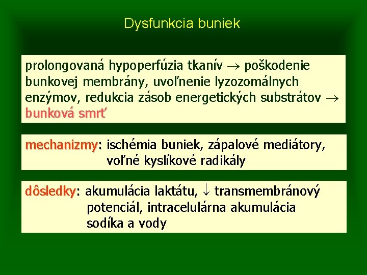 Dysfunkcia buniek prolongovaná hypoperfúzia tkanív poškodenie bunkovej membrány, uvoľnenie lyzozomálnych enzýmov, redukcia zásob energetických