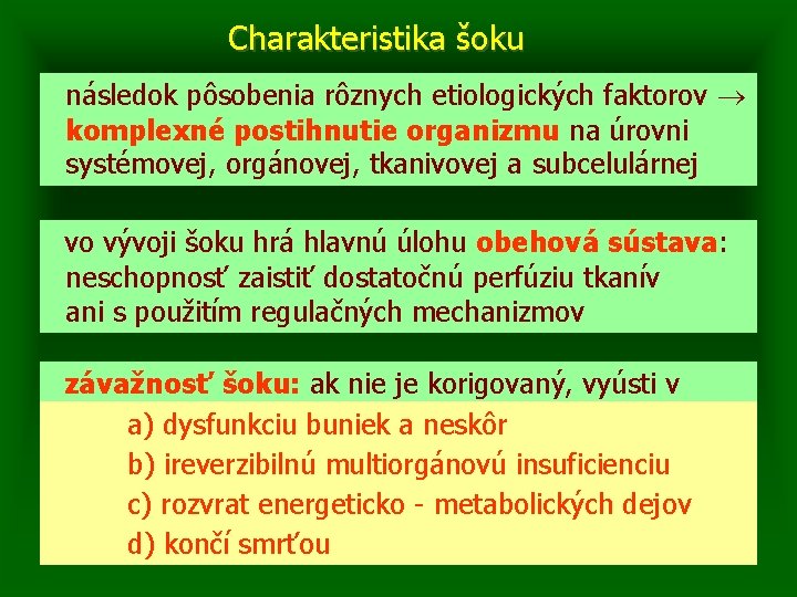 Charakteristika šoku následok pôsobenia rôznych etiologických faktorov komplexné postihnutie organizmu na úrovni systémovej, orgánovej,