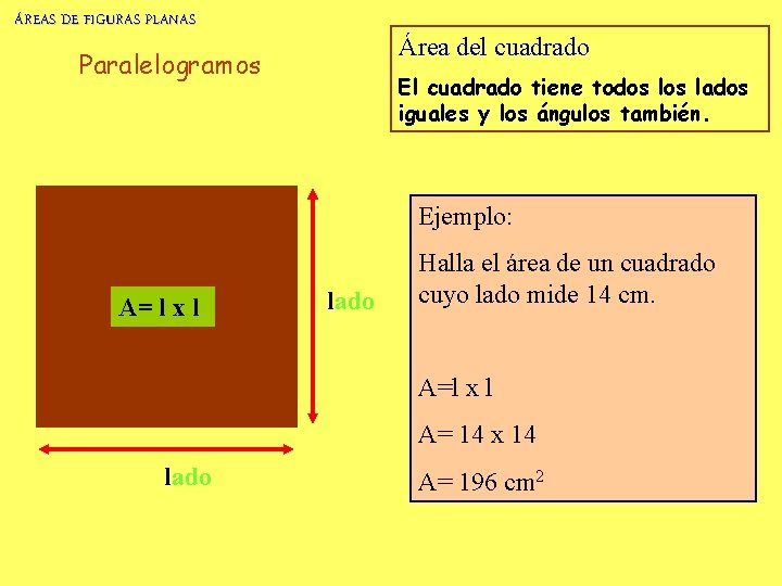 ÁREAS DE FIGURAS PLANAS Área del cuadrado Paralelogramos El cuadrado tiene todos lados iguales