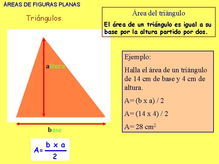 ÁREAS DE FIGURAS PLANAS Triángulos Área del triángulo El área de un triángulo es