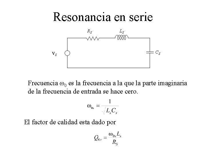 Resonancia en serie RS VS LS CS Frecuencia w 0 es la frecuencia a