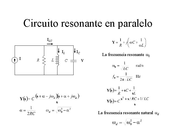 Circuito resonante en paralelo ILC IL I R L C IC La frecuencia resonante