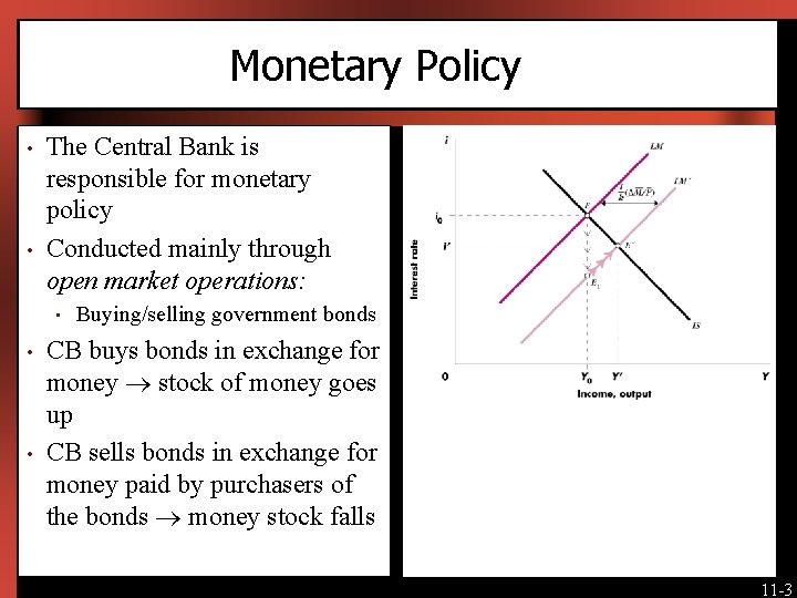 Monetary Policy • • The Central Bank is responsible for monetary policy Conducted mainly
