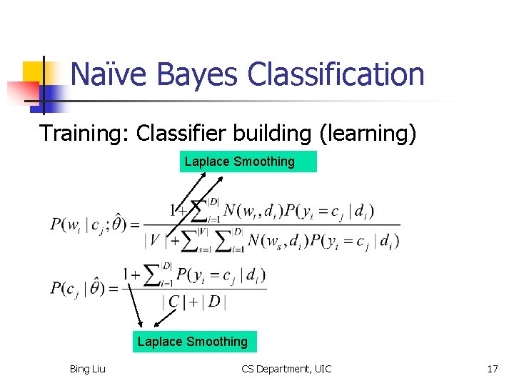 Naïve Bayes Classification Training: Classifier building (learning) Laplace Smoothing Bing Liu CS Department, UIC