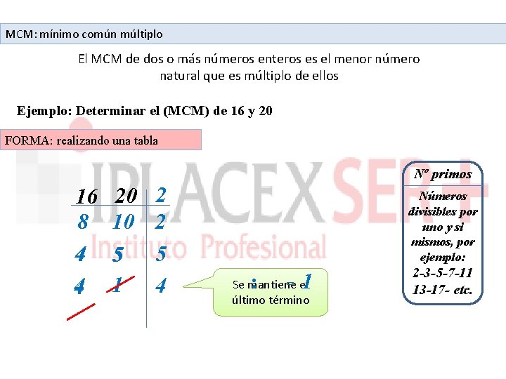 MCM: mínimo común múltiplo El MCM de dos o más números enteros es el