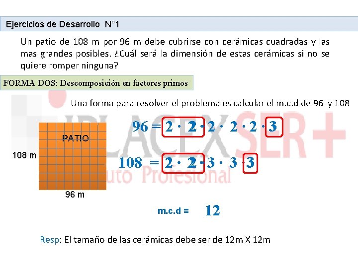 Ejercicios de Desarrollo N° 1 Un patio de 108 m por 96 m debe