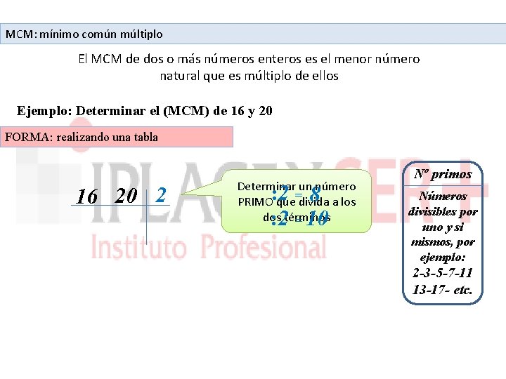 MCM: mínimo común múltiplo El MCM de dos o más números enteros es el