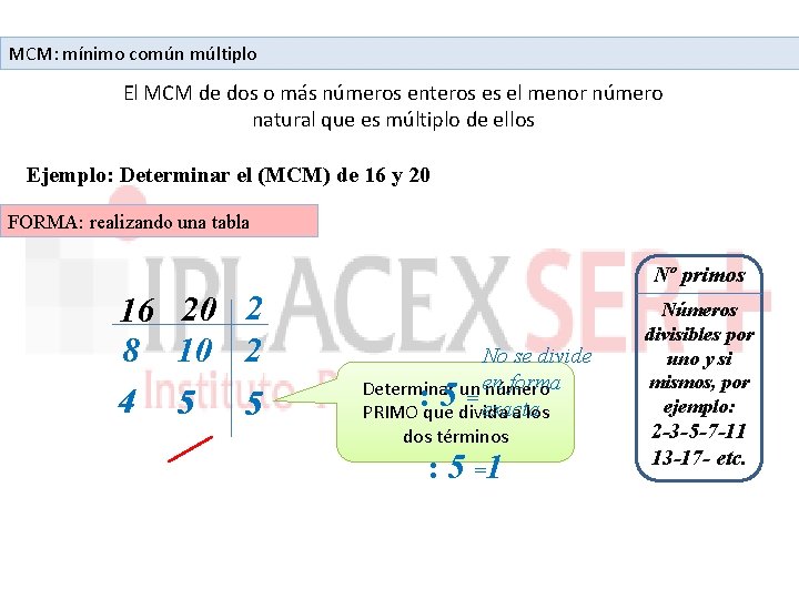 MCM: mínimo común múltiplo El MCM de dos o más números enteros es el