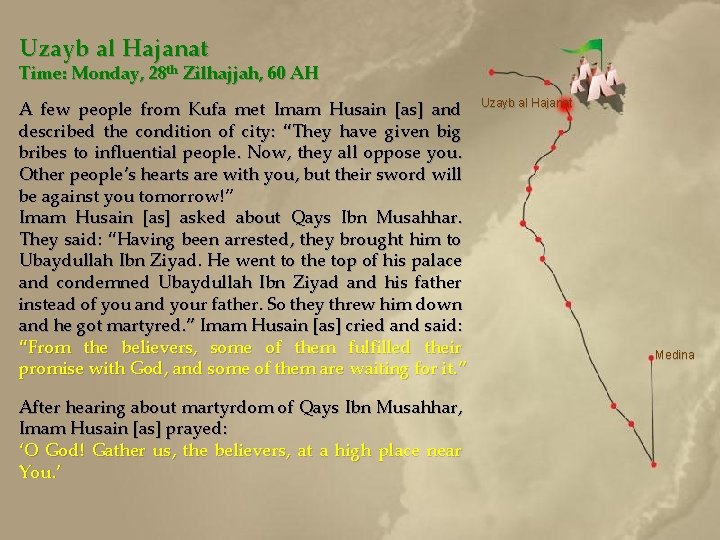 Uzayb al Hajanat Time: Monday, 28 th Zilhajjah, 60 AH A few people from