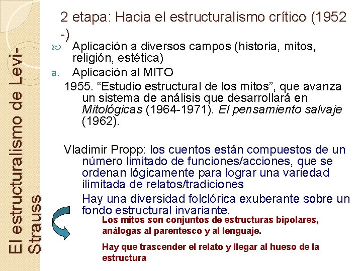 El estructuralismo de Levi. Strauss 2 etapa: Hacia el estructuralismo crítico (1952 -) Aplicación