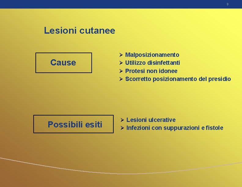 3 Lesioni cutanee Cause Possibili esiti Ø Ø Malposizionamento Utilizzo disinfettanti Protesi non idonee