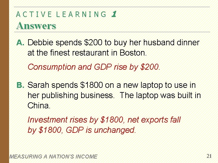 ACTIVE LEARNING 1 Answers A. Debbie spends $200 to buy her husband dinner at