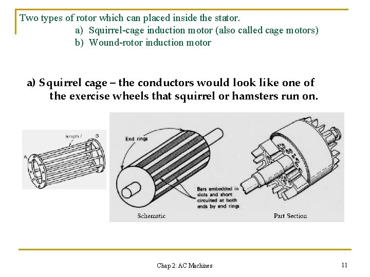 Two types of rotor which can placed inside the stator. a) Squirrel-cage induction motor
