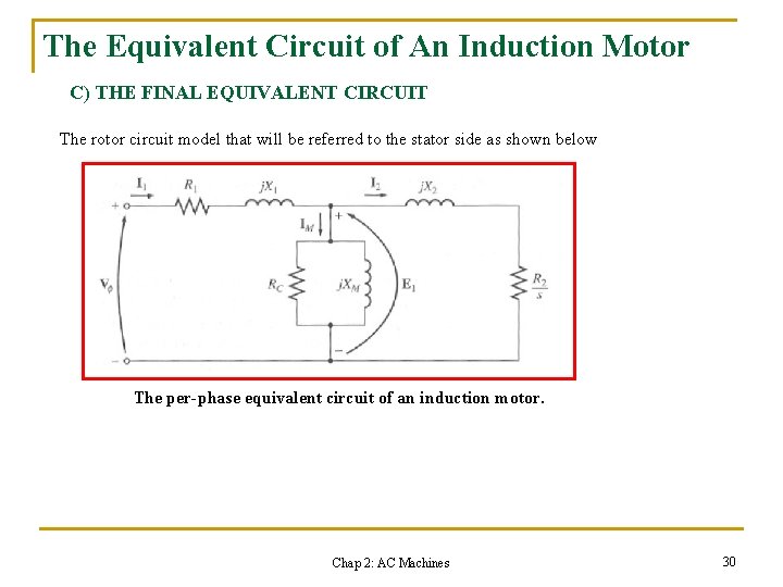 The Equivalent Circuit of An Induction Motor C) THE FINAL EQUIVALENT CIRCUIT The rotor