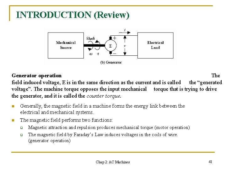 INTRODUCTION (Review) Generator operation The field induced voltage, E is in the same direction