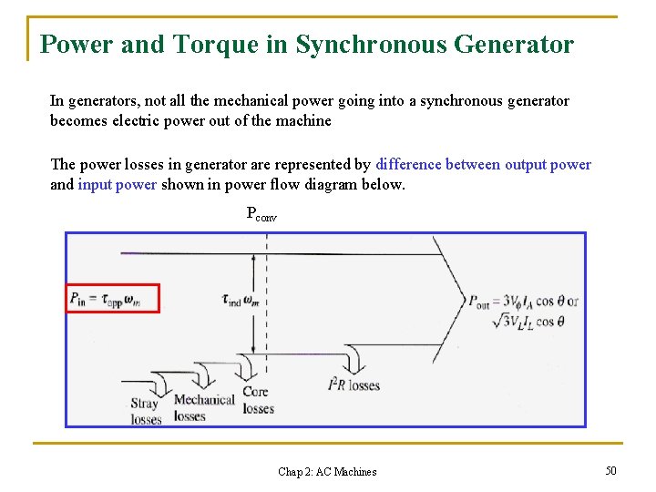 Power and Torque in Synchronous Generator In generators, not all the mechanical power going