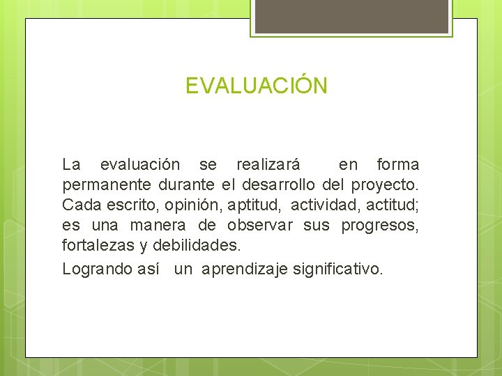 EVALUACIÓN La evaluación se realizará en forma permanente durante el desarrollo del proyecto. Cada