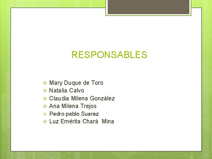 RESPONSABLES v Mary Duque de Toro Natalia Calvo Claudia Milena González Ana Milena Trejos