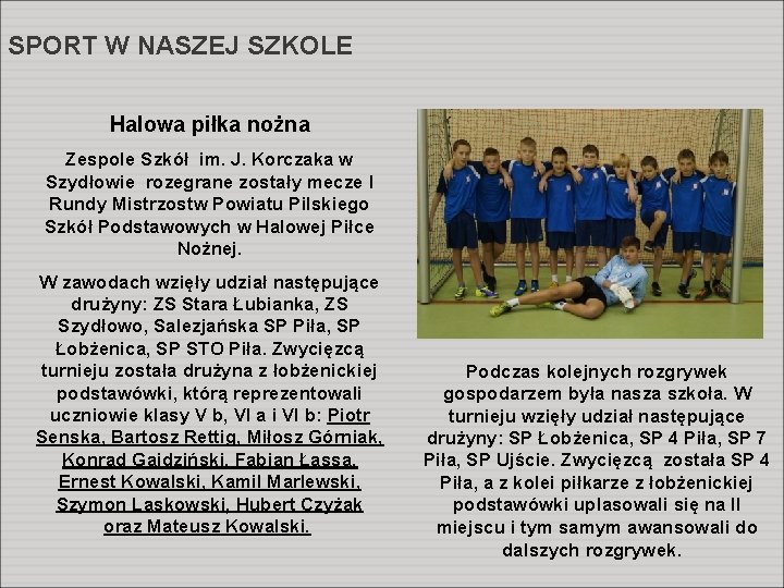 SPORT W NASZEJ SZKOLE Halowa piłka nożna Zespole Szkół im. J. Korczaka w Szydłowie