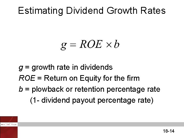 Estimating Dividend Growth Rates g = growth rate in dividends ROE = Return on