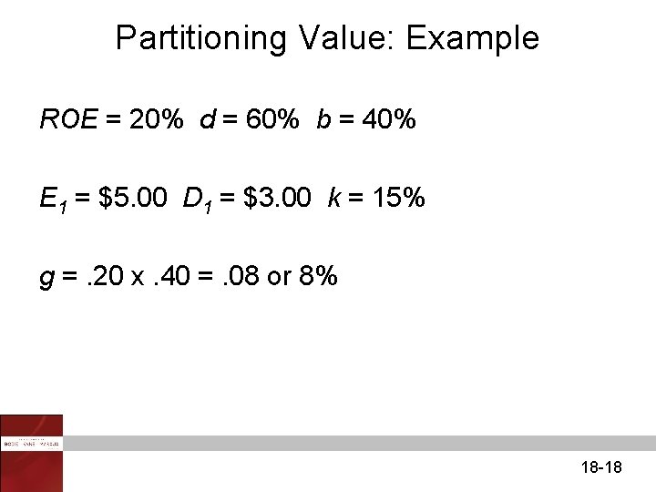 Partitioning Value: Example ROE = 20% d = 60% b = 40% E 1