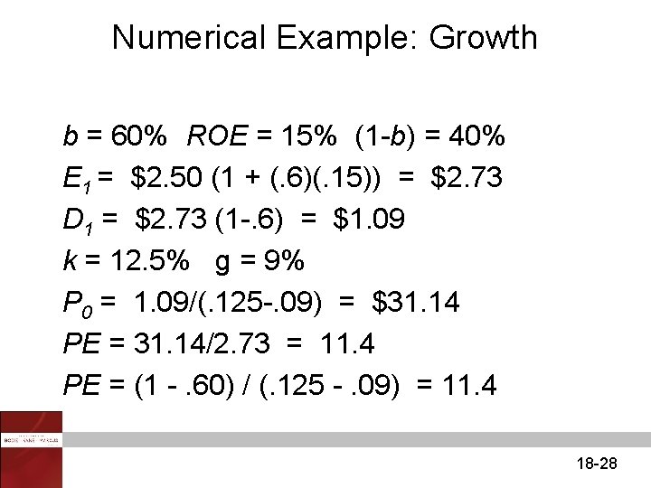 Numerical Example: Growth b = 60% ROE = 15% (1 -b) = 40% E