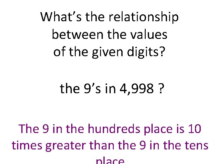 What’s the relationship between the values of the given digits? the 9’s in 4,