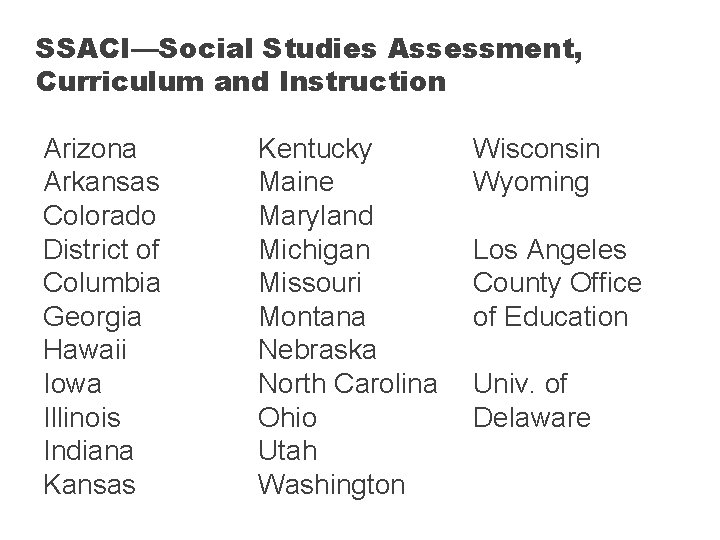SSACI—Social Studies Assessment, Curriculum and Instruction Arizona Arkansas Colorado District of Columbia Georgia Hawaii