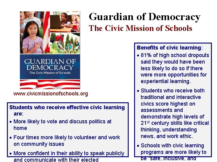 Guardian of Democracy The Civic Mission of Schools Benefits of civic learning: 81% of