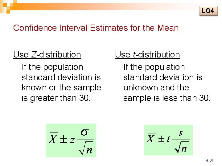 LO 4 Confidence Interval Estimates for the Mean Use Z-distribution If the population standard