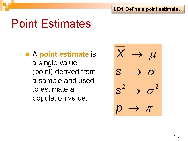 LO 1 Define a point estimate. Point Estimates n A point estimate is a