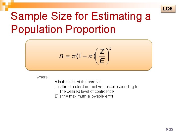 Sample Size for Estimating a Population Proportion LO 6 where: n is the size