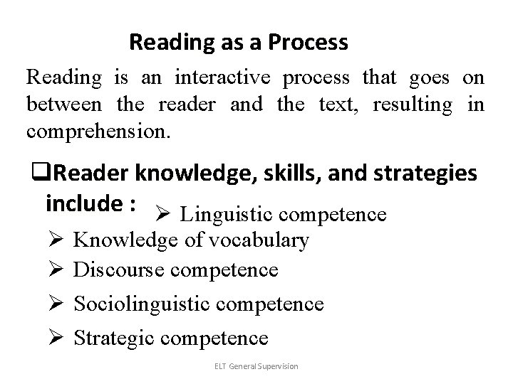 Reading as a Process Reading is an interactive process that goes on between the