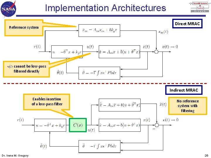 Implementation Architectures Reference system Direct MRAC cannot be low-pass filtered directly Indirect MRAC Enables