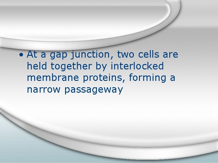  • At a gap junction, two cells are held together by interlocked membrane