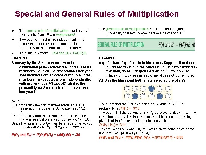 Special and General Rules of Multiplication The special rule of multiplication requires that two