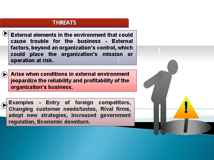 THREATS External elements in the environment that could cause trouble for the business -