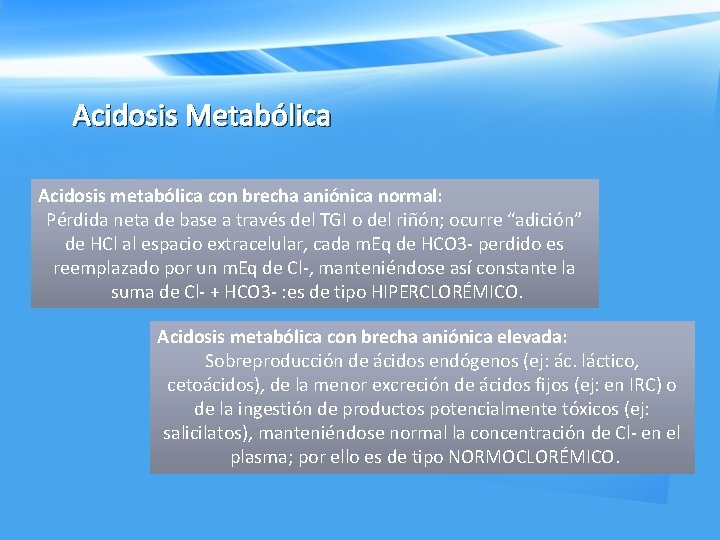 Acidosis Metabólica Acidosis metabólica con brecha aniónica normal: Pérdida neta de base a través