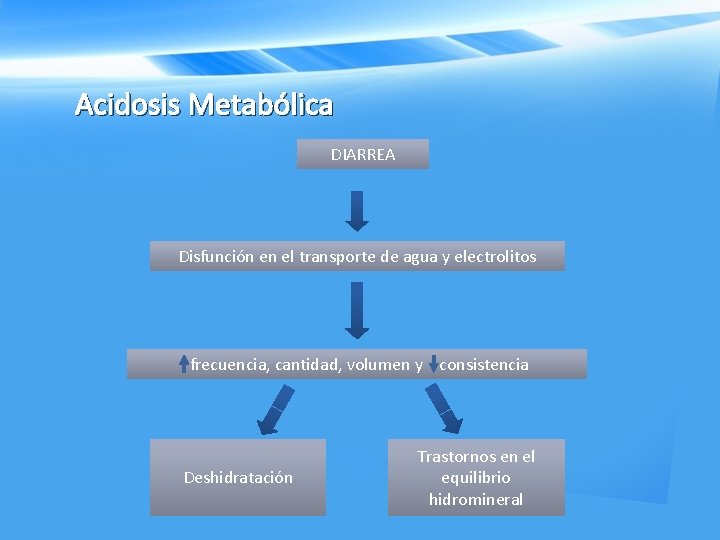Acidosis Metabólica DIARREA Disfunción en el transporte de agua y electrolitos frecuencia, cantidad, volumen