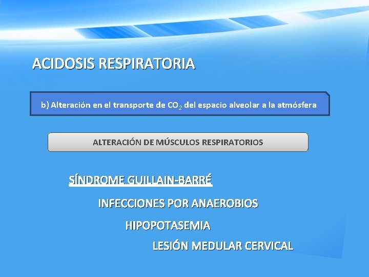 ACIDOSIS RESPIRATORIA b) Alteración en el transporte de CO 2 del espacio alveolar a